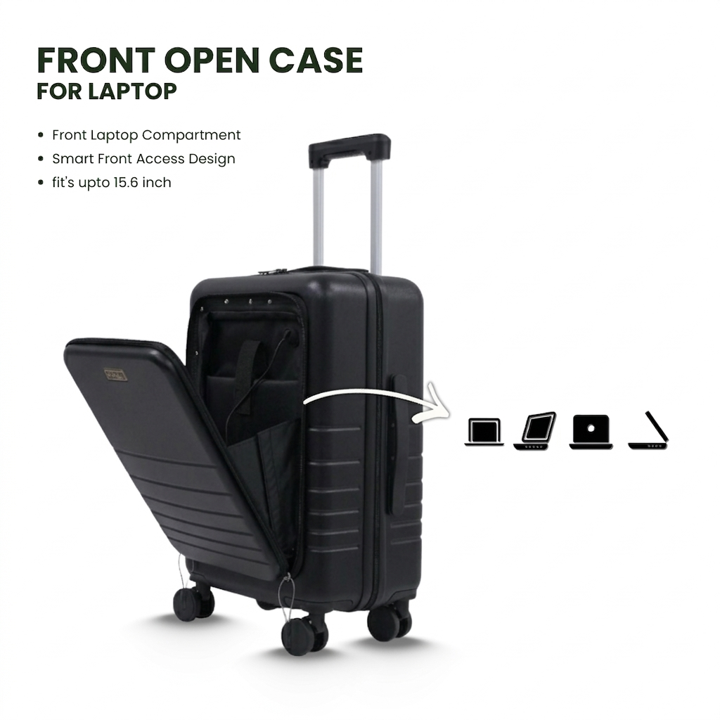 Fagoza Hardside Carry-On Luggage with Front Pocket, 22x14x9 Airline Approved, USB Charging Port, and Cup holder, Black